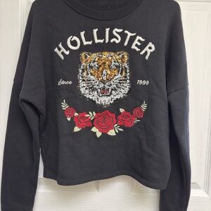 Hollister Black Sweatshirt with Tiger and Floral Design